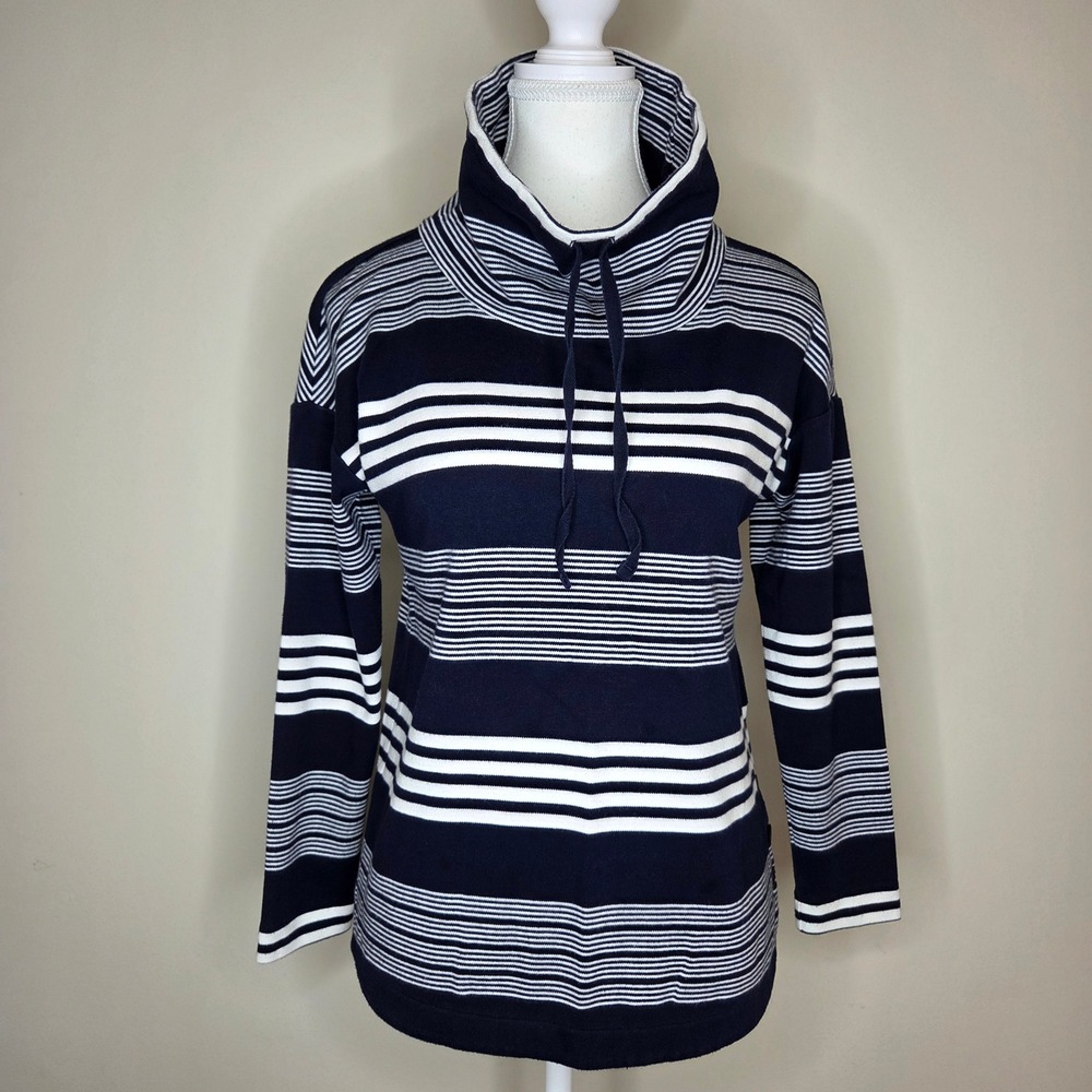 T by Talbots Womens Petite Navy White Striped Funnel Neck Pullover Top Size P